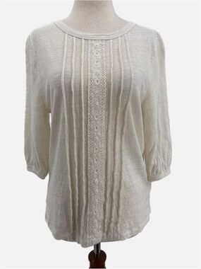 Cyrillus Paris 100% Linen Lace Pintuck Top Ecru Size XS 3/4 Sleeve